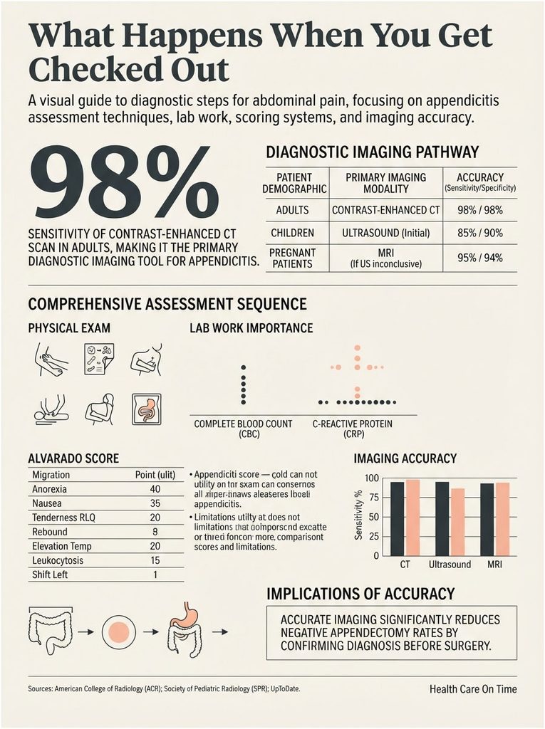 Infographic showing diagnostic steps for abdominal pain, including imaging pathways and assessment techniques.