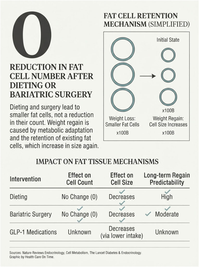 Infographic showing fat cell retention mechanisms and impact of dieting and bariatric surgery on fat cell count and size.
