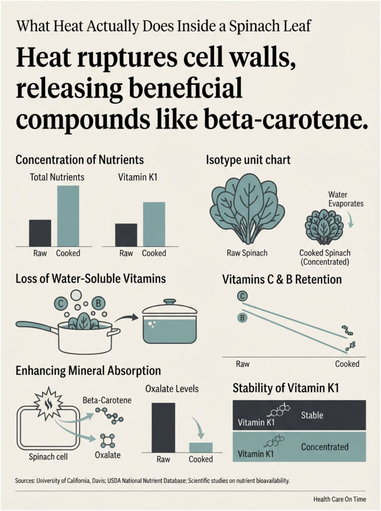Infographic showing effects of cooking on spinach nutrients, including charts on vitamins and mineral absorption.