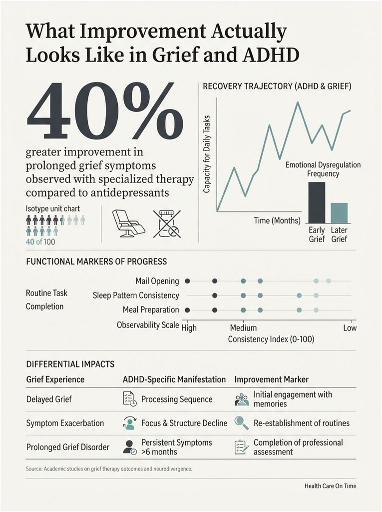 Infographic showing 40% improvement in grief symptoms with specialized therapy, featuring graphs and data points.