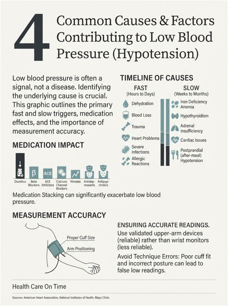 Infographic detailing causes of low blood pressure, medication impact, and measurement accuracy tips.