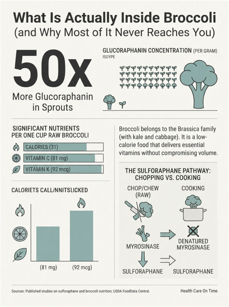 Infographic showing glucoraphanin in broccoli and sprouts, nutrient values, and cooking effects on sulforaphane.