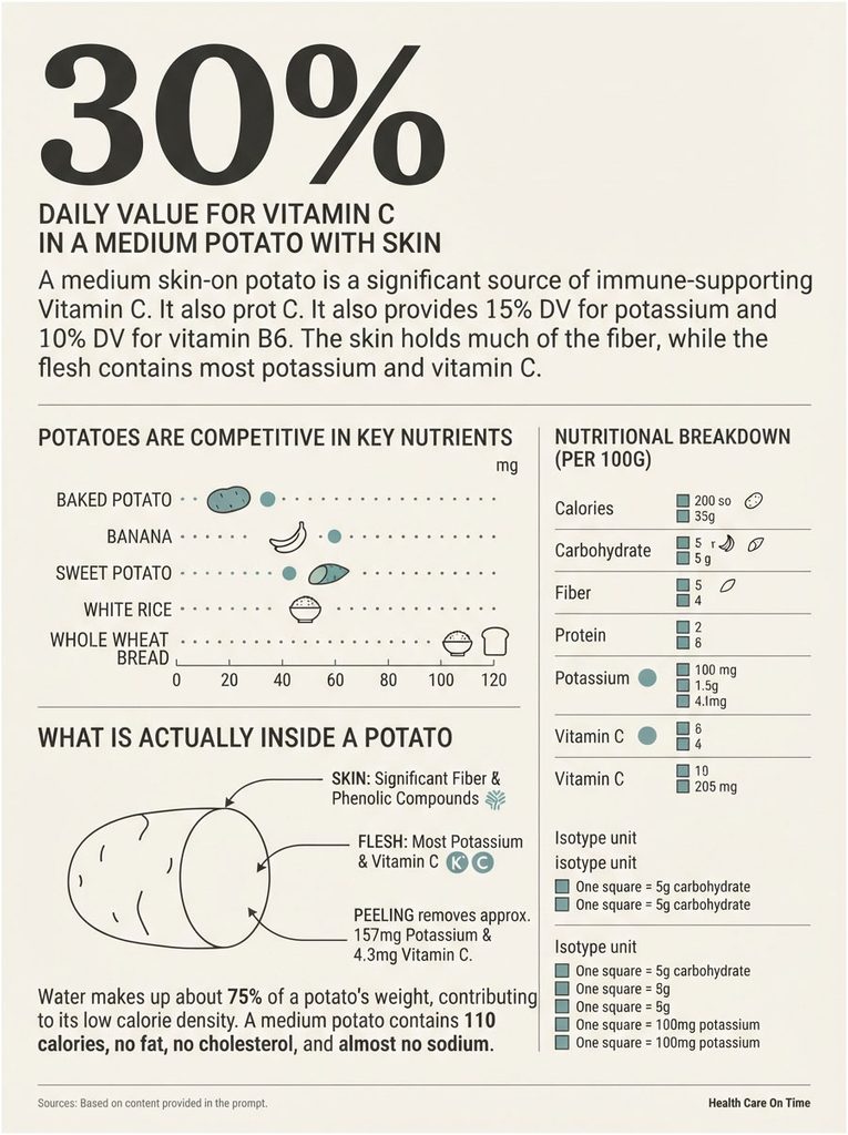 Infographic showing vitamin C content in potatoes, nutritional breakdown, and comparisons with other foods.