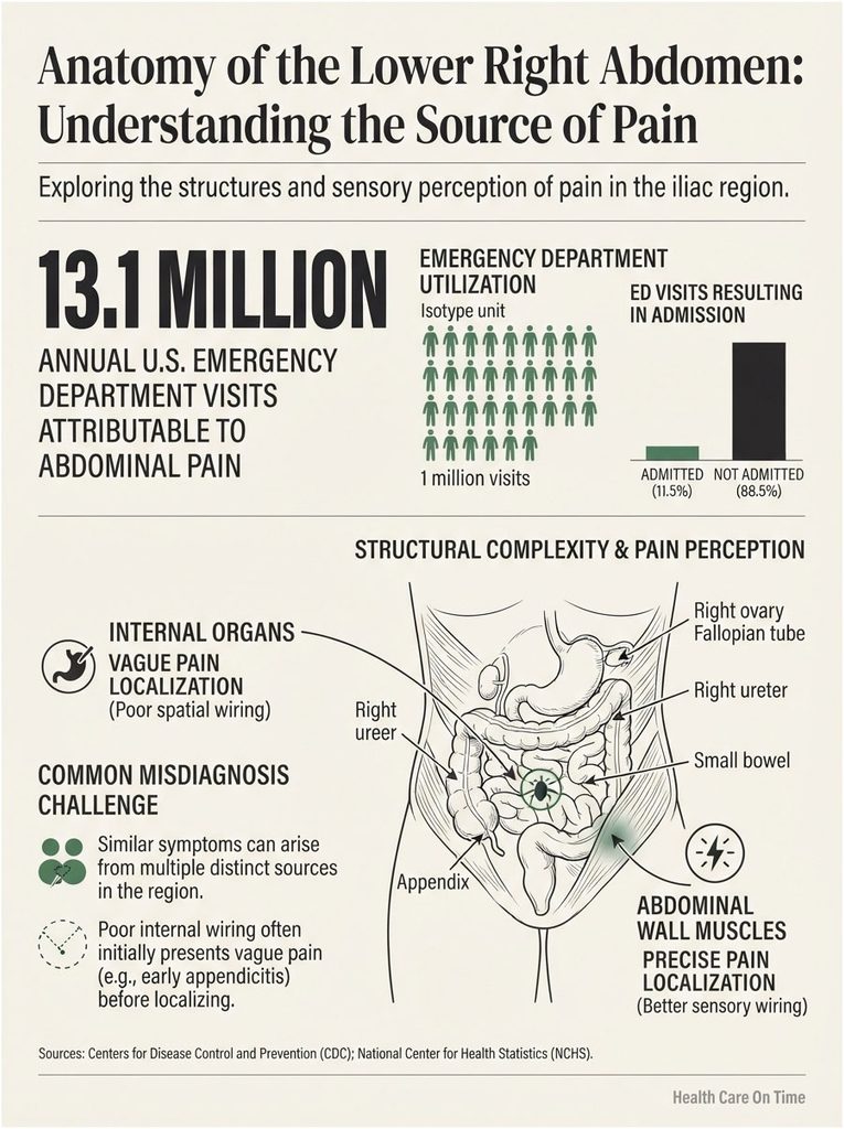 Infographic showing abdominal pain sources with statistics, organ illustrations, and pain perception details.