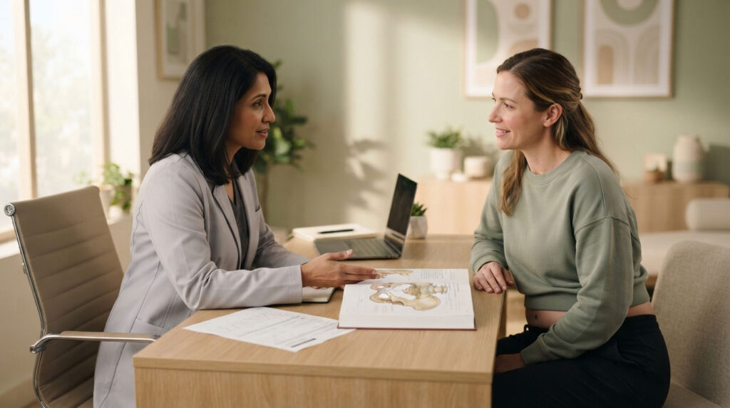 A healthcare professional discusses with a patient at a desk, showing a medical illustration of the pelvis.
