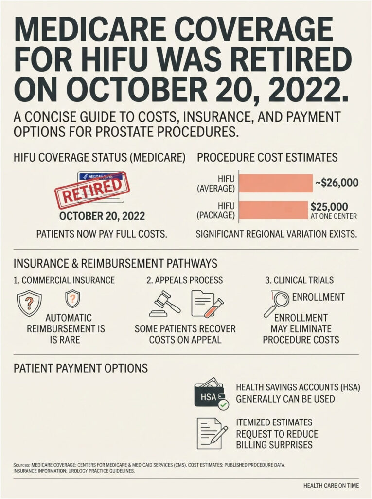 Infographic on Medicare HIFU coverage retirement, costs, insurance options, and payment pathways for prostate procedures.