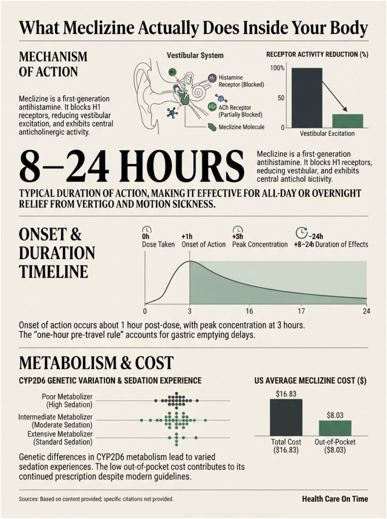 Infographic explaining Meclizine's mechanism, duration, onset, metabolism, and cost details with charts and icons.