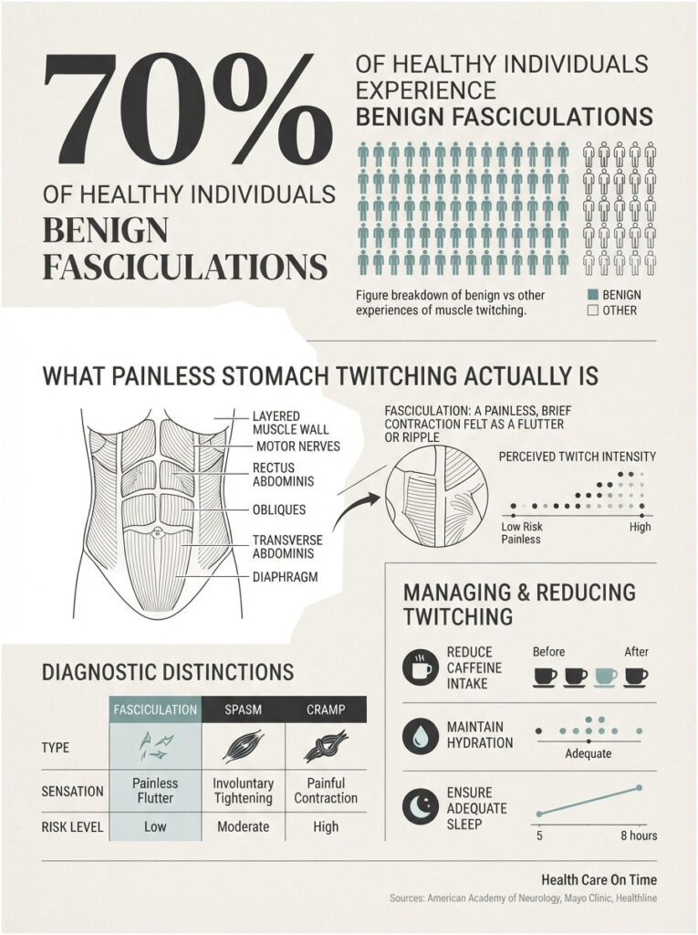 Infographic showing 70% of healthy individuals experience benign fasciculations with diagrams and management tips.