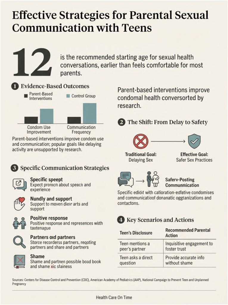 Infographic on parental sexual communication with teens, featuring charts and strategies for effective discussions.