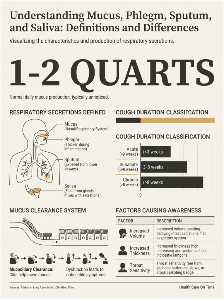 Infographic explaining mucus, phlegm, sputum, and saliva with charts on cough duration and mucus clearance system.