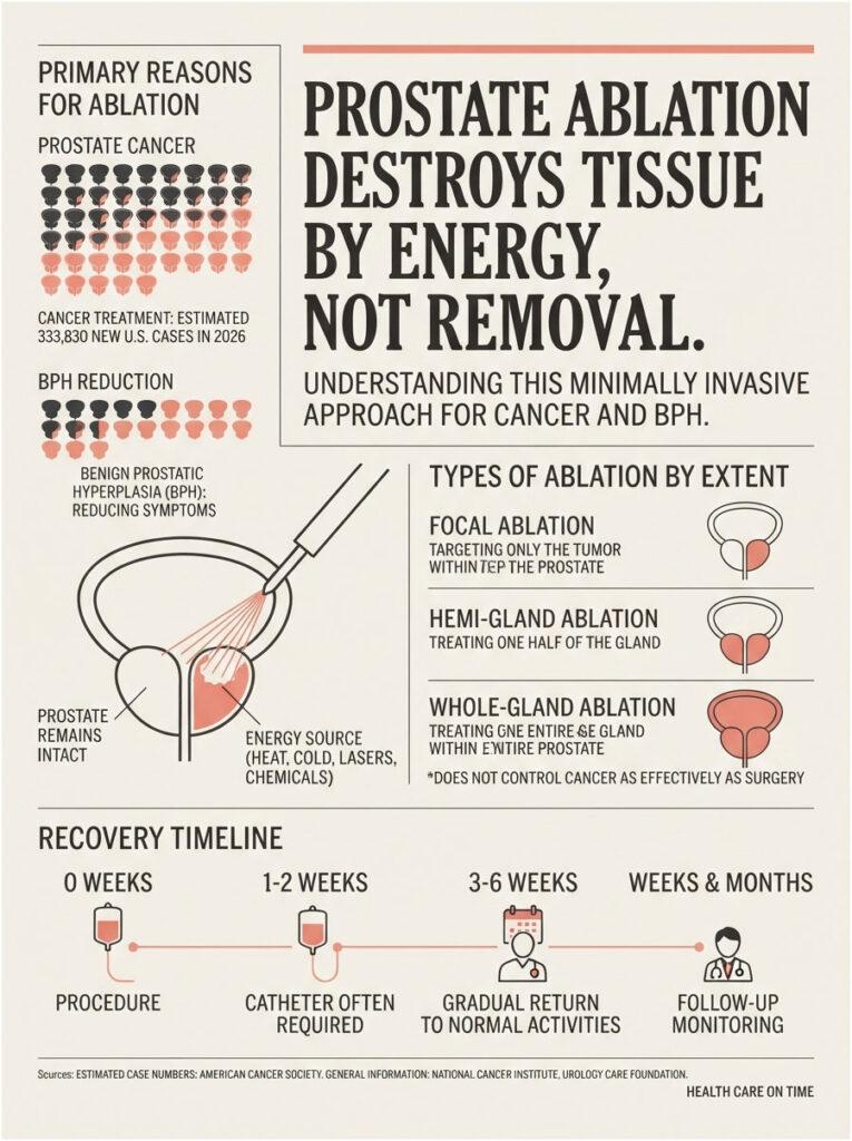 Infographic explaining prostate ablation, showing types, recovery timeline, and cancer statistics.