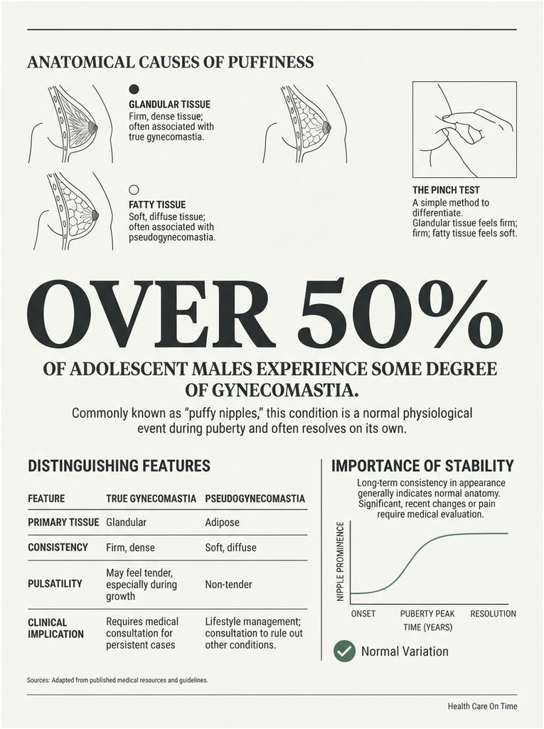 Infographic explaining gynecomastia causes, featuring charts, tissue types, and the pinch test method.