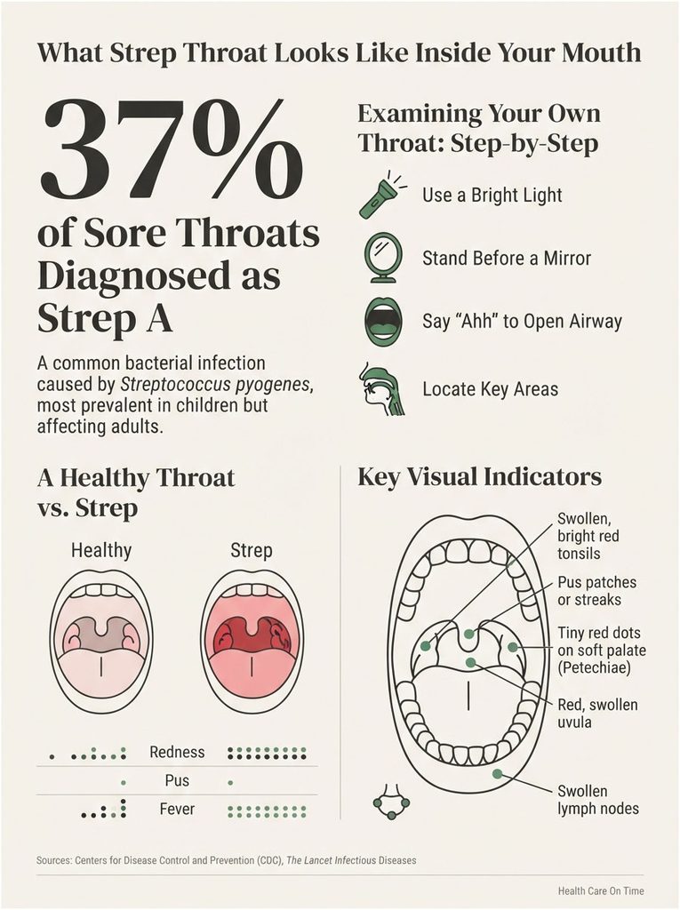 Infographic showing strep throat symptoms, healthy vs. strep throat comparison, and self-examination steps.