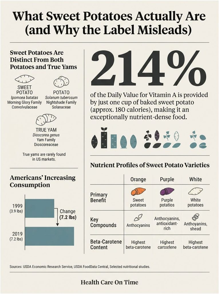 Infographic showing sweet potatoes, yams, and potatoes with nutritional data and consumption statistics.