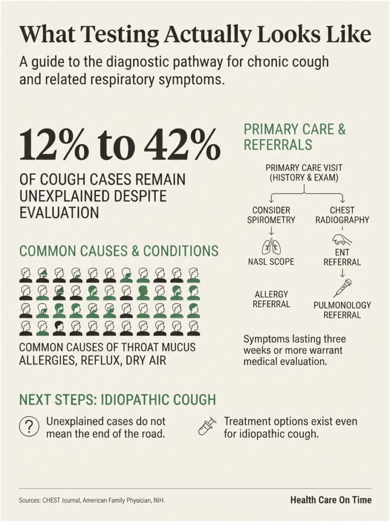 Infographic showing diagnostic pathway for chronic cough, including statistics and common causes like allergies and reflux.