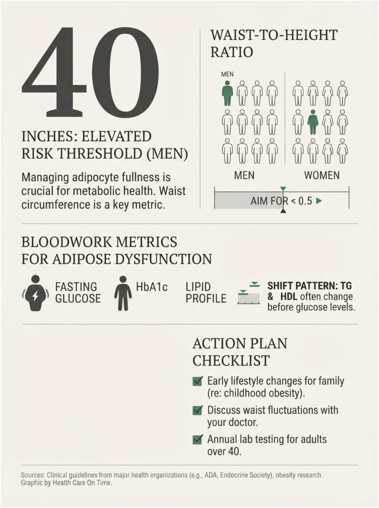 Infographic showing waist circumference risk thresholds, bloodwork metrics, and action plan for metabolic health.