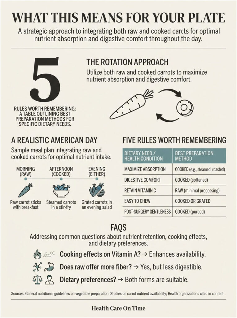 Infographic showing meal plan with raw and cooked carrots, including preparation methods and nutrient benefits.