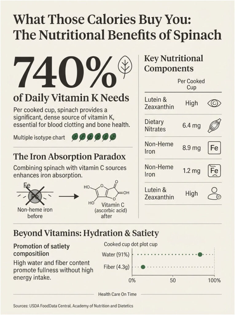 Infographic showing nutritional benefits of spinach, including vitamin K, iron, and hydration statistics.