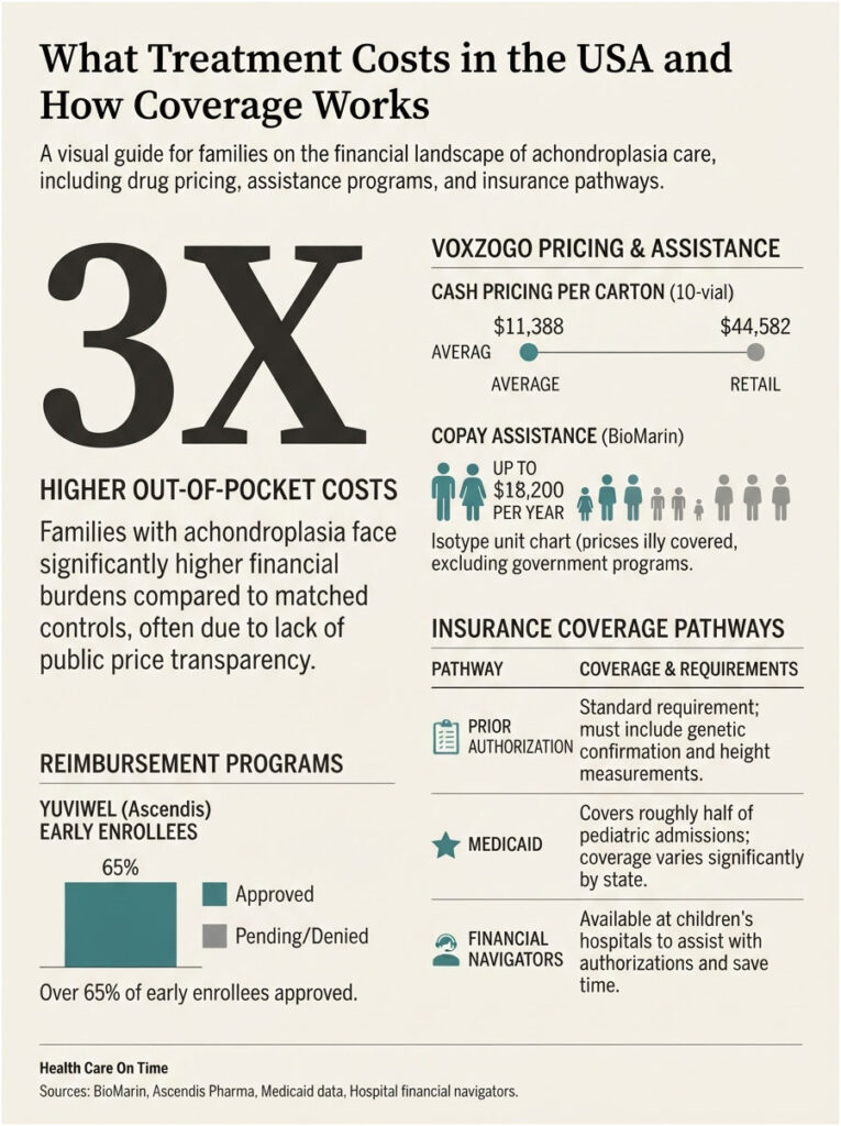 Infographic detailing treatment costs for achondroplasia, including pricing, assistance, and insurance pathways.