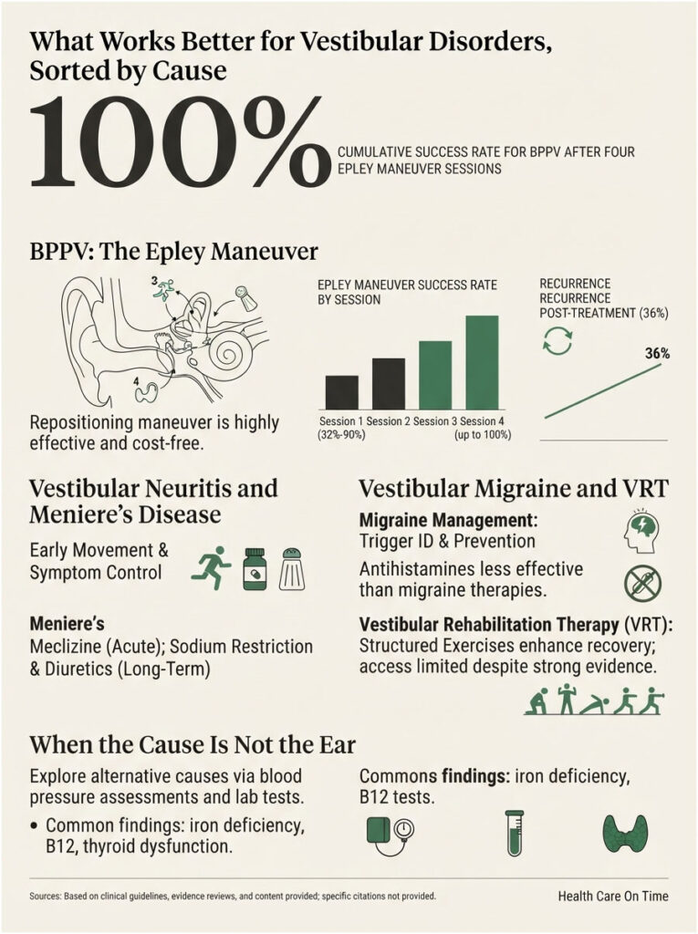 Infographic showing vestibular disorders treatment effectiveness, including Epley Maneuver success rates and management strategies.