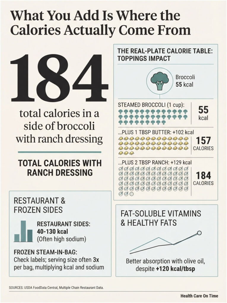 Infographic showing calorie breakdown for broccoli with ranch dressing, including toppings and sources of calories.
