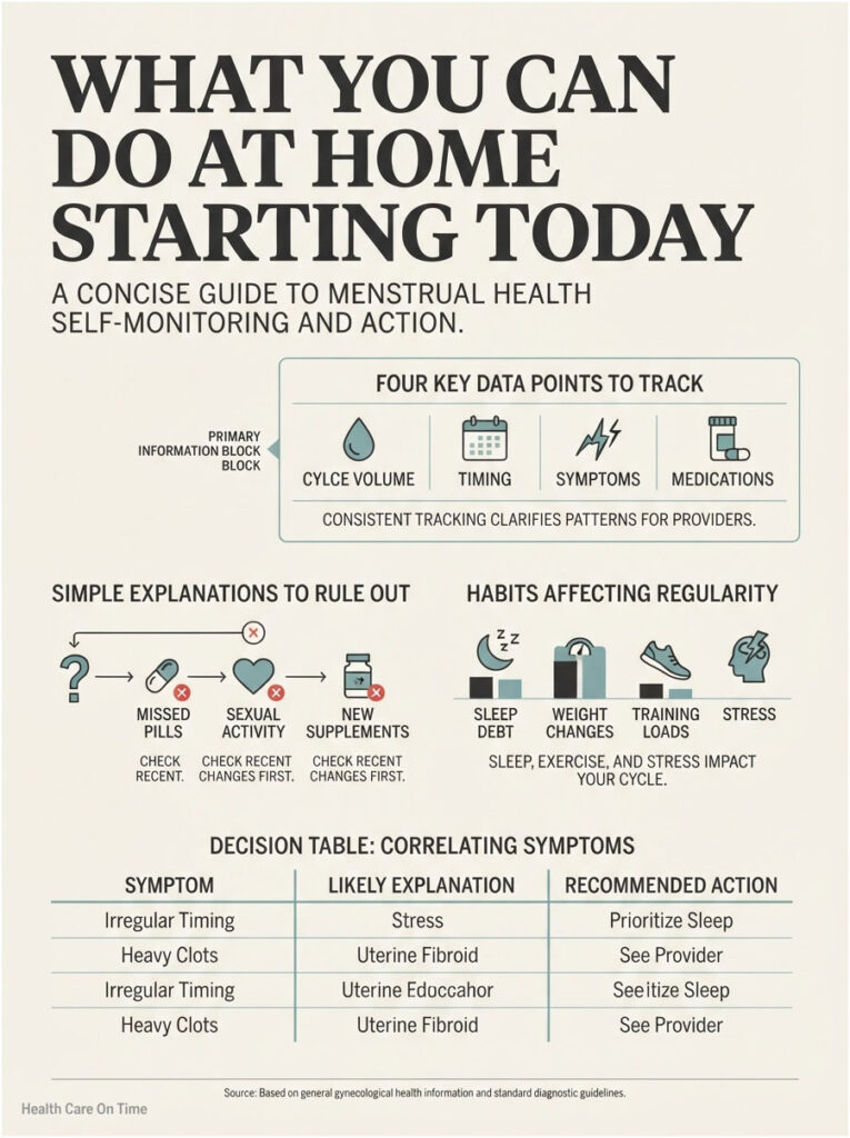 Infographic detailing menstrual health self-monitoring with key data points and decision table for symptoms.