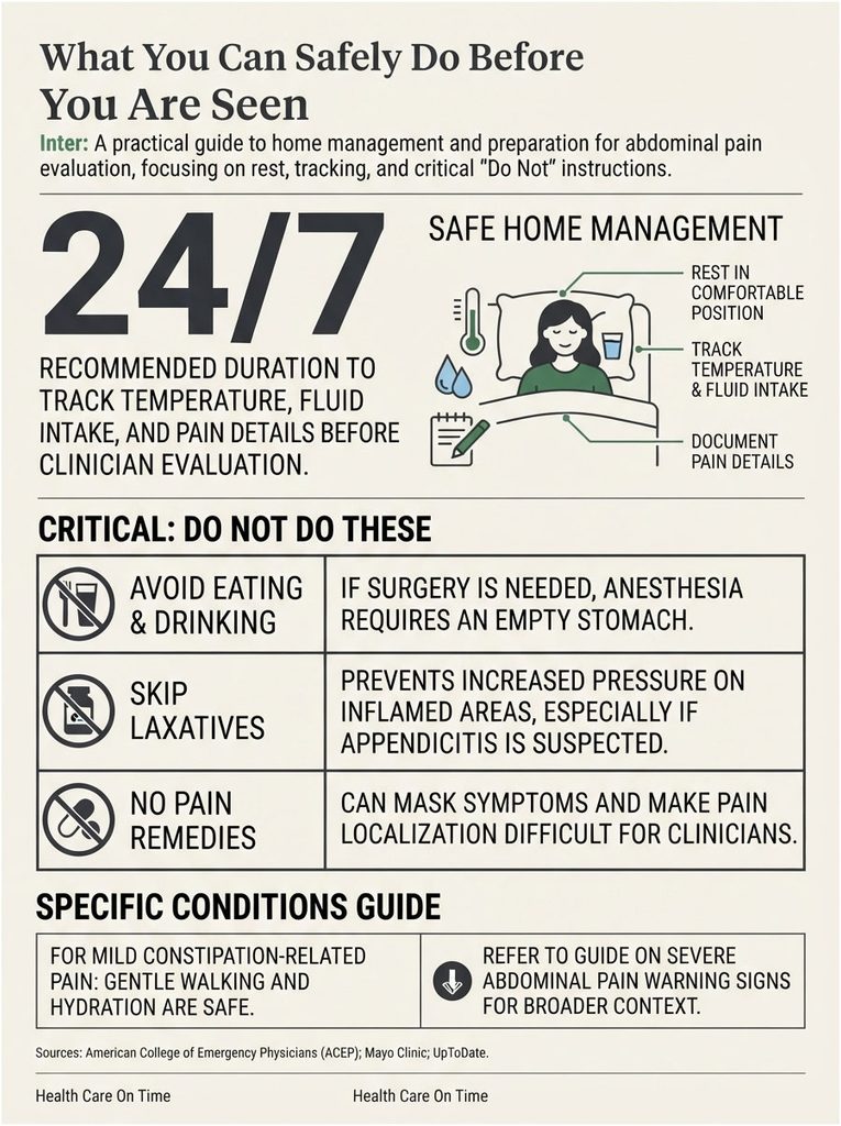 Infographic detailing safe home management for abdominal pain, including tracking and critical do nots.