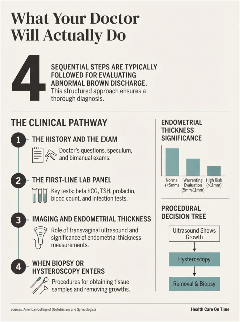 Infographic detailing steps for evaluating abnormal brown discharge, including lab tests and imaging procedures.