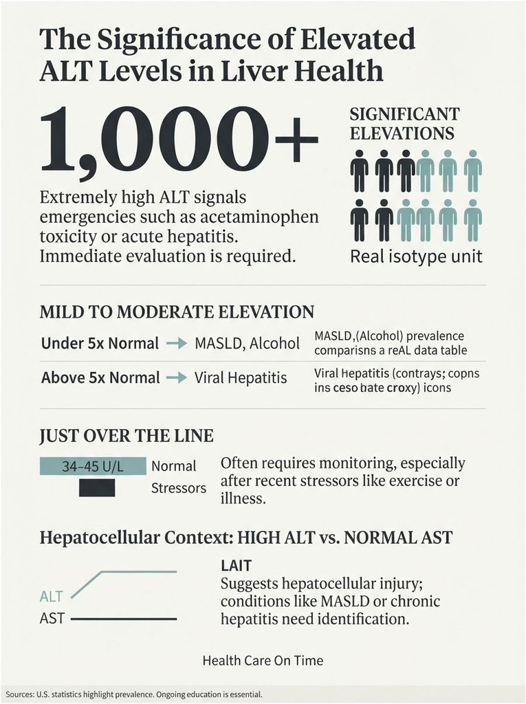 Infographic explaining elevated ALT levels in liver health with statistics and key conditions listed.