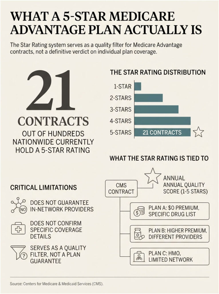 Infographic showing 21 Medicare Advantage contracts with star ratings and critical limitations on quality filters.