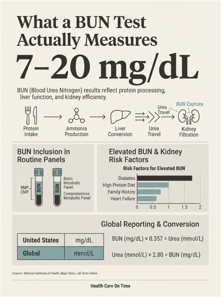Infographic explaining BUN test measures, including protein intake, ammonia production, and kidney filtration data.