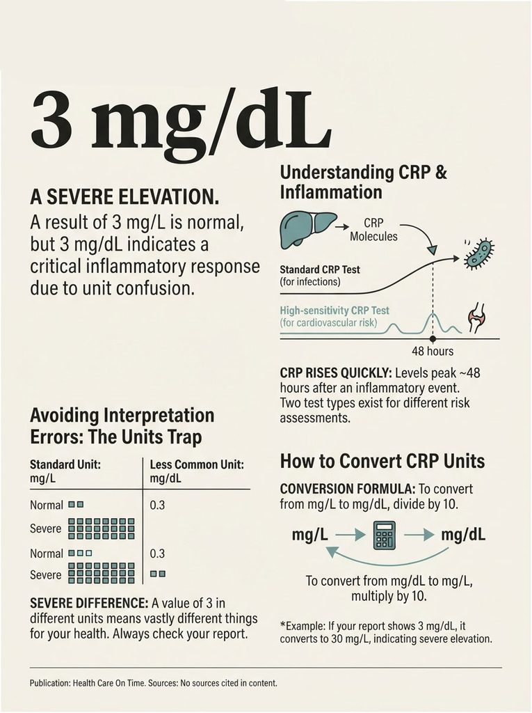 Infographic explaining CRP levels, unit conversion, and inflammation response with charts and illustrations.