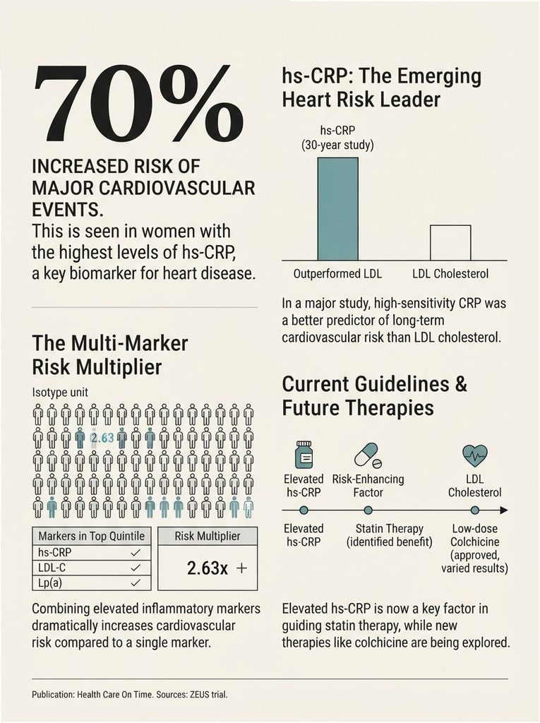 Infographic showing 70% increased cardiovascular risk in women with high hs-CRP levels and related data.