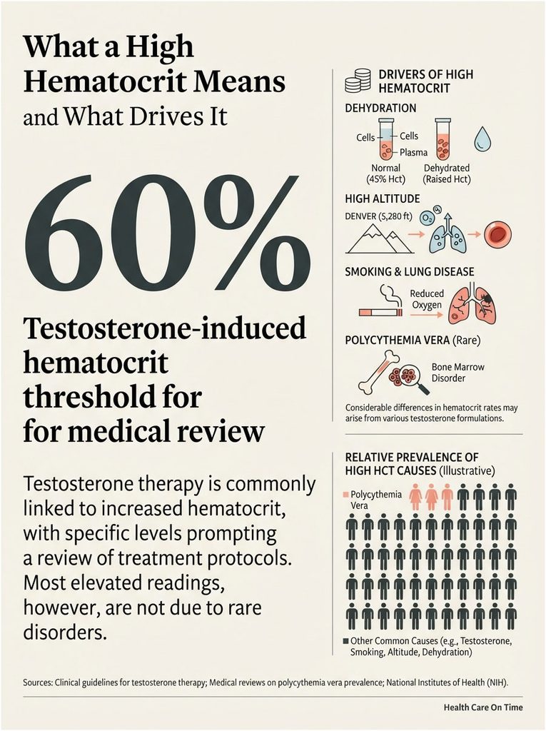Infographic explaining high hematocrit causes, featuring charts on testosterone-induced levels and prevalence statistics.