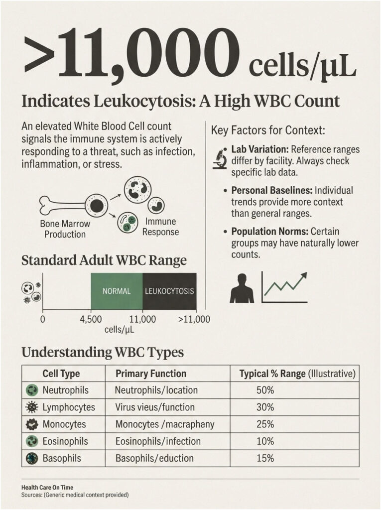 Infographic showing leukocytosis, WBC count ranges, and types of white blood cells with functions and percentages.
