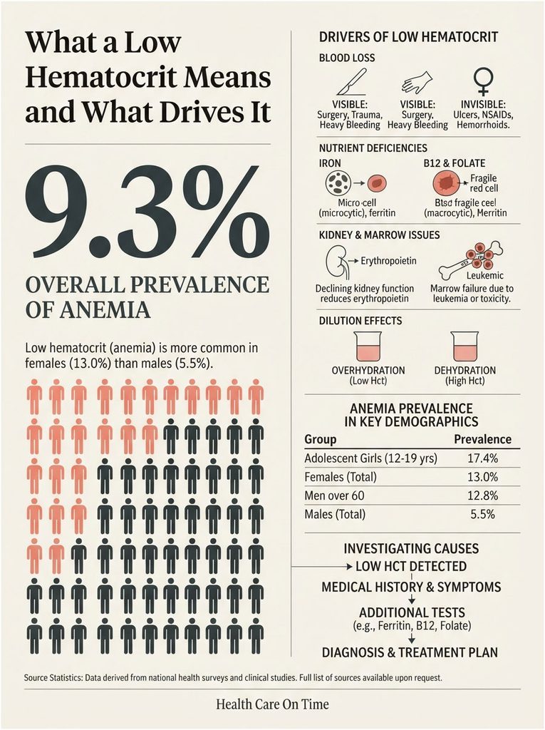 Infographic showing 9.3% prevalence of anemia, causes, and demographic statistics related to low hematocrit levels.
