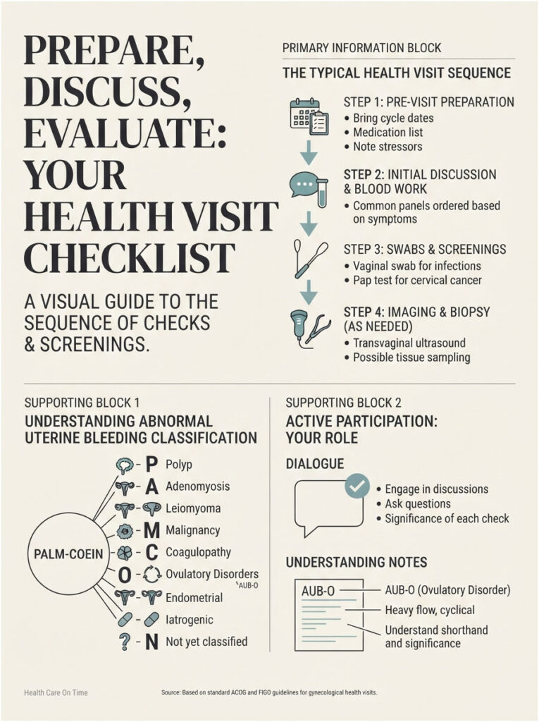 Infographic detailing health visit checklist steps, abnormal uterine bleeding classification, and patient participation tips.