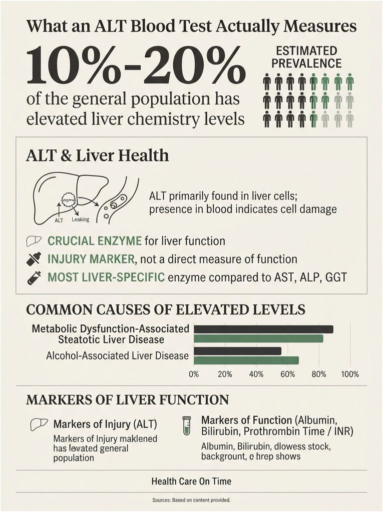 Infographic explaining ALT blood test, liver health, and common causes of elevated levels with charts and icons.