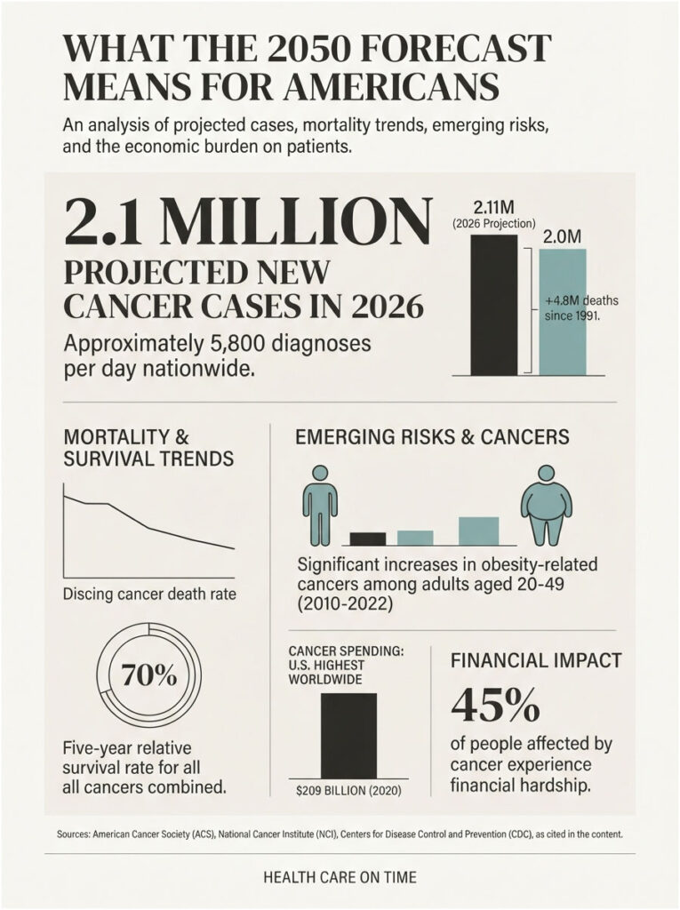 Infographic showing projected 2.1 million new cancer cases in 2026, mortality trends, and financial impacts on patients.