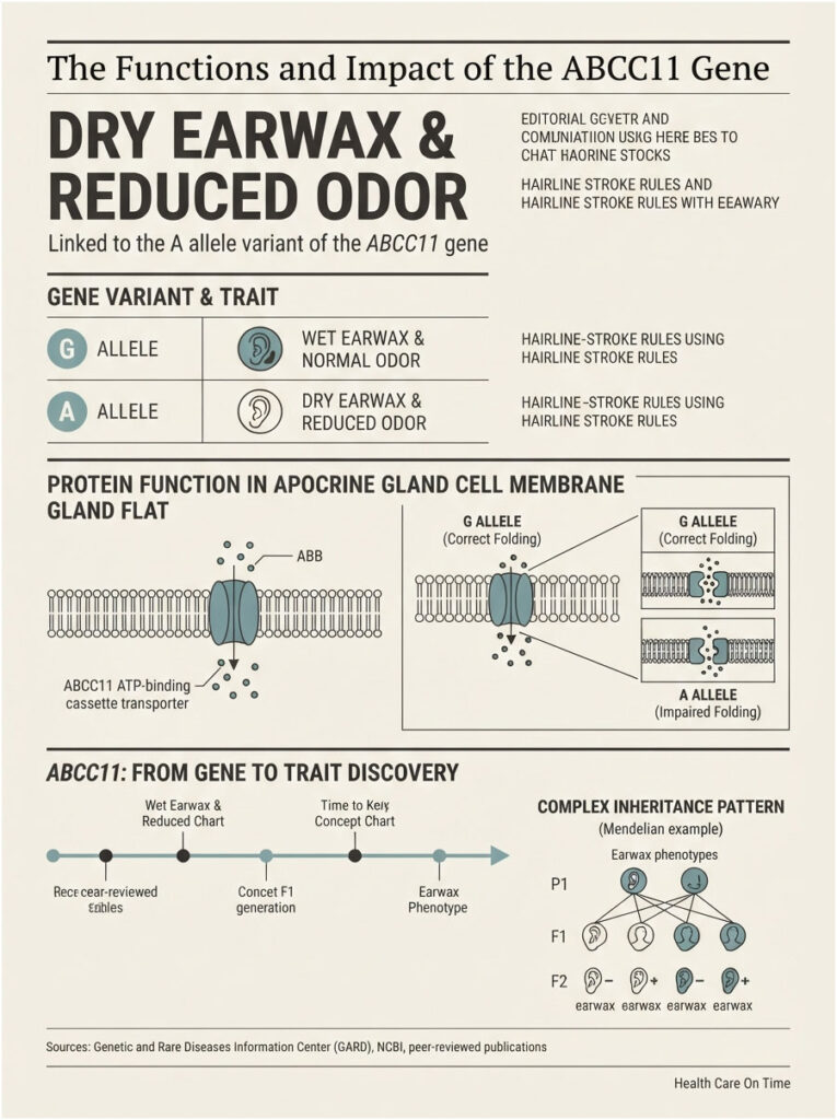 Infographic showing the ABCC11 gene's impact on earwax type and odor, with charts and allele comparisons.