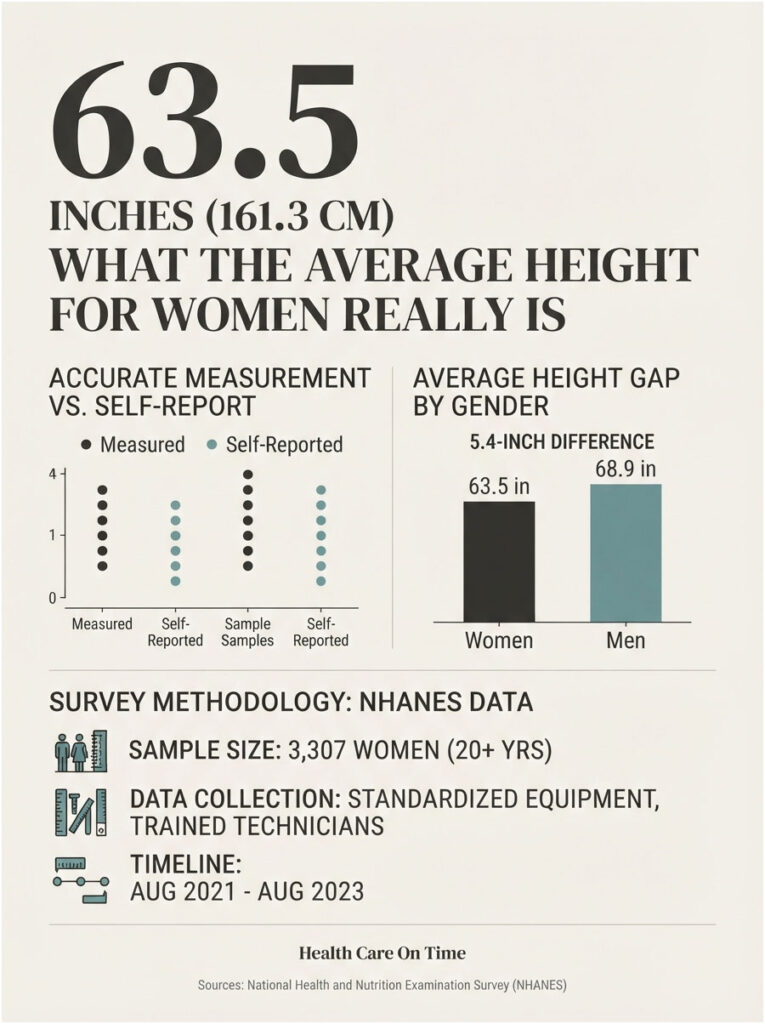 Infographic showing average height for women as 63.5 inches, comparing measured vs self-reported data and gender height gap.