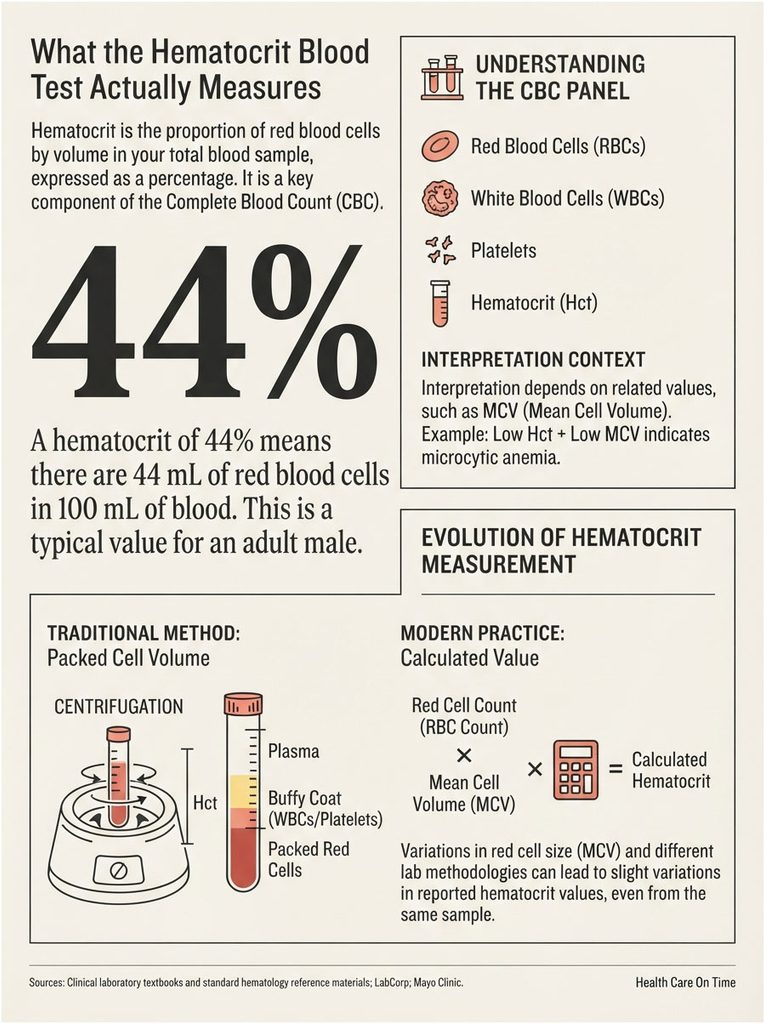 Infographic explaining hematocrit blood test, showing 44% measurement, CBC panel, and methods of measurement.