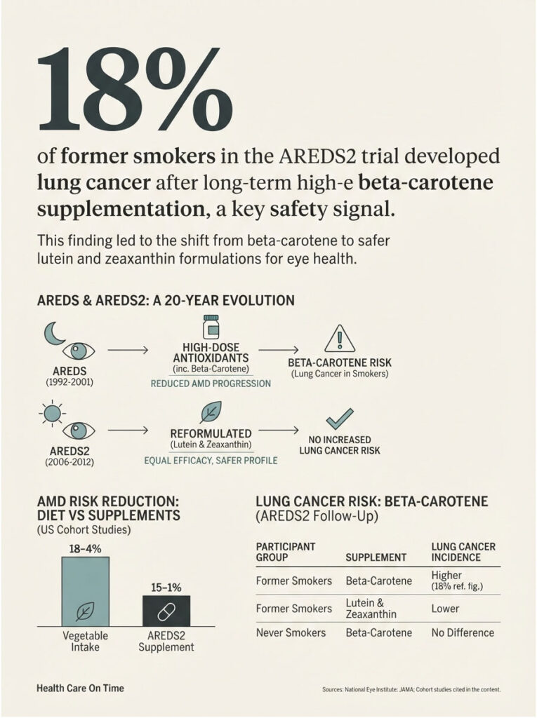 Infographic showing lung cancer risk in former smokers from AREDS2 trial, highlighting beta-carotene effects and dietary intake.