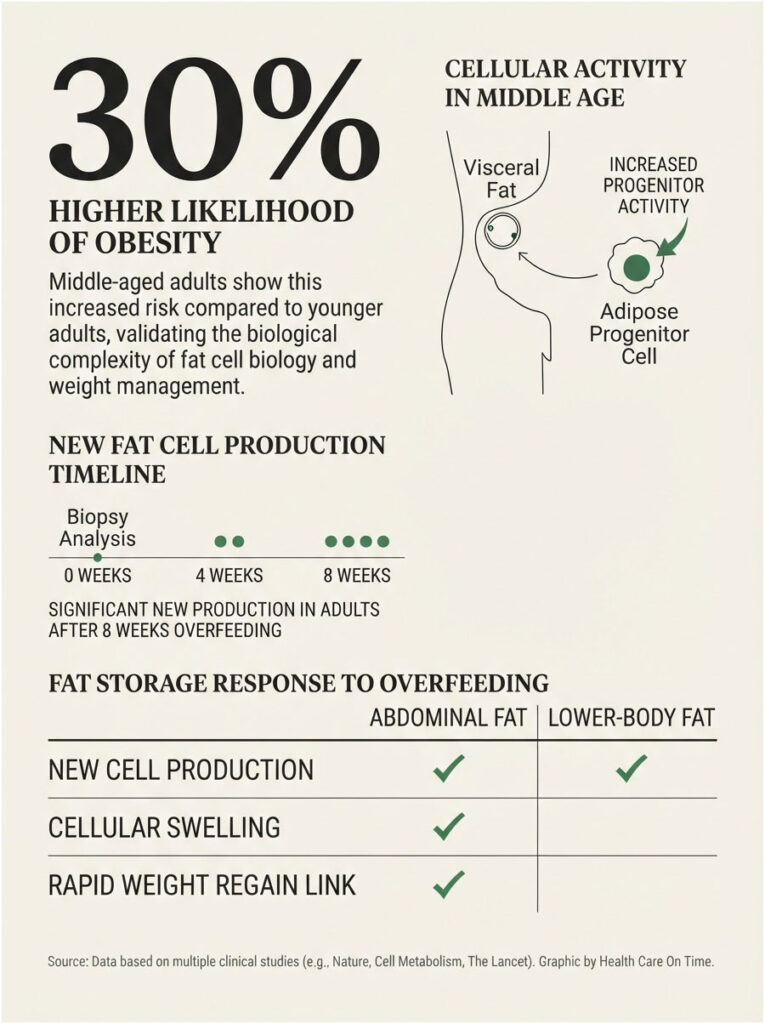 Infographic showing 30% higher obesity likelihood in middle-aged adults, fat cell production timeline, and fat storage responses.