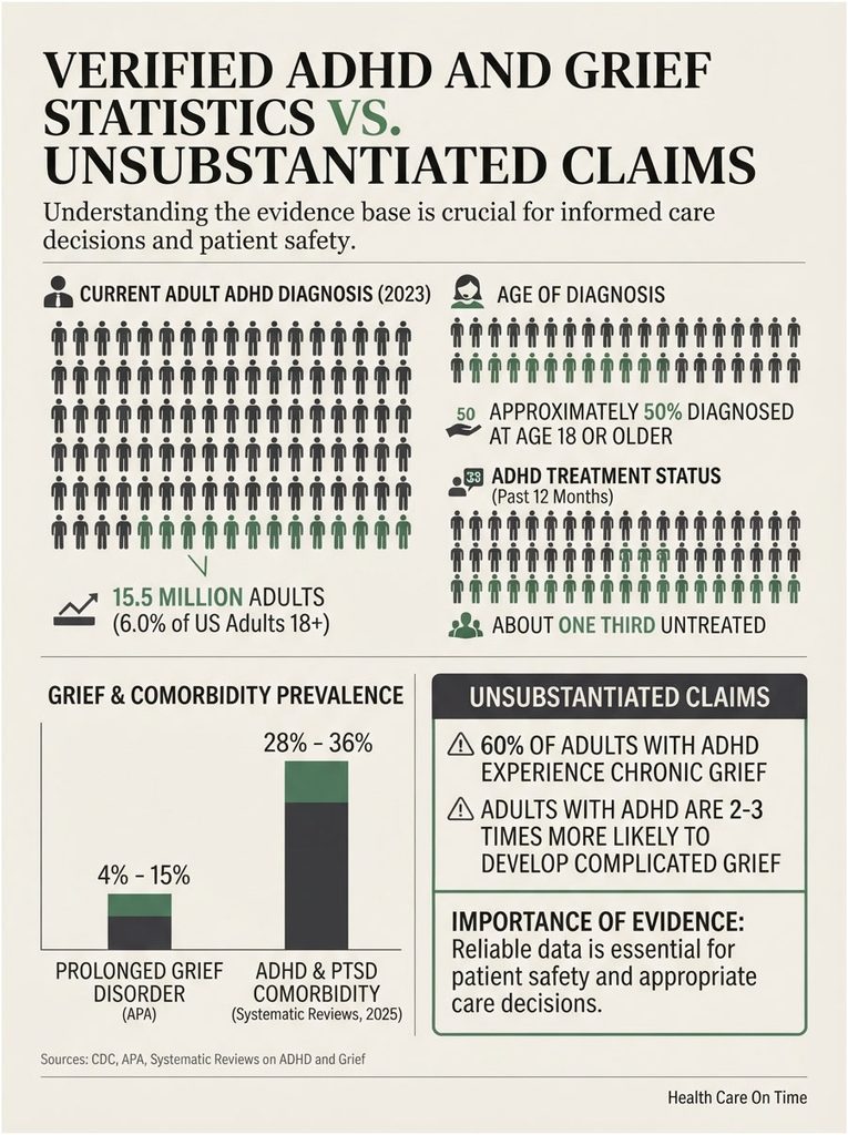 Infographic showing ADHD statistics, including diagnosis rates, treatment status, and grief prevalence data.