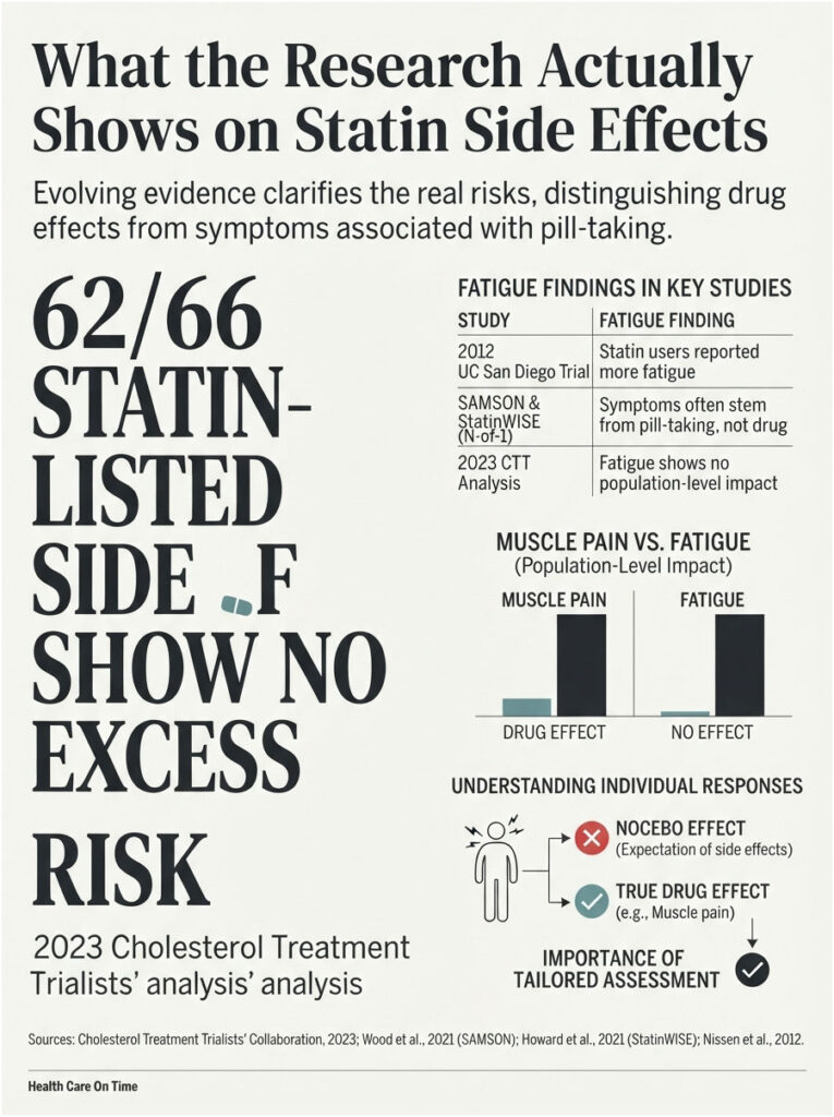 Infographic showing research on statin side effects, including fatigue findings and muscle pain data.