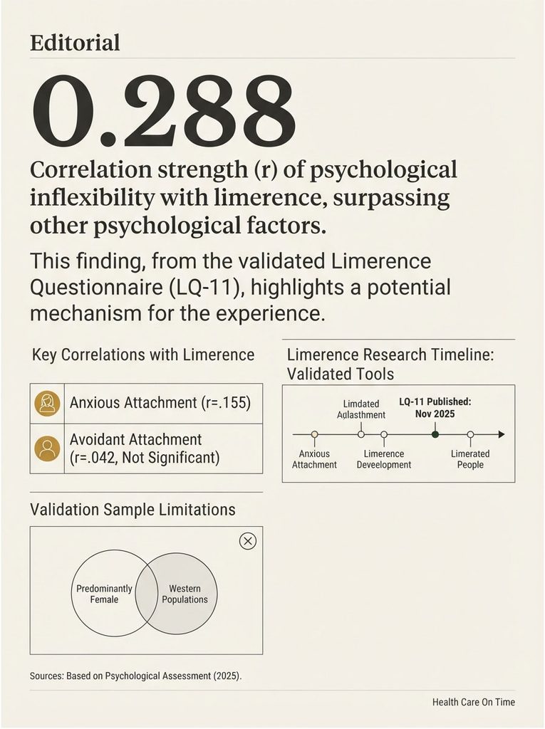 Infographic showing correlation of psychological inflexibility with limerence, key correlations, and validation limitations.