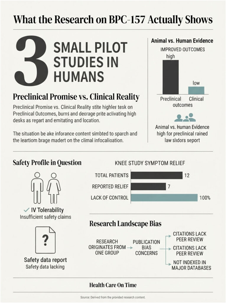 Infographic showing BPC-157 research with charts on pilot studies, safety profile, and research bias data.
