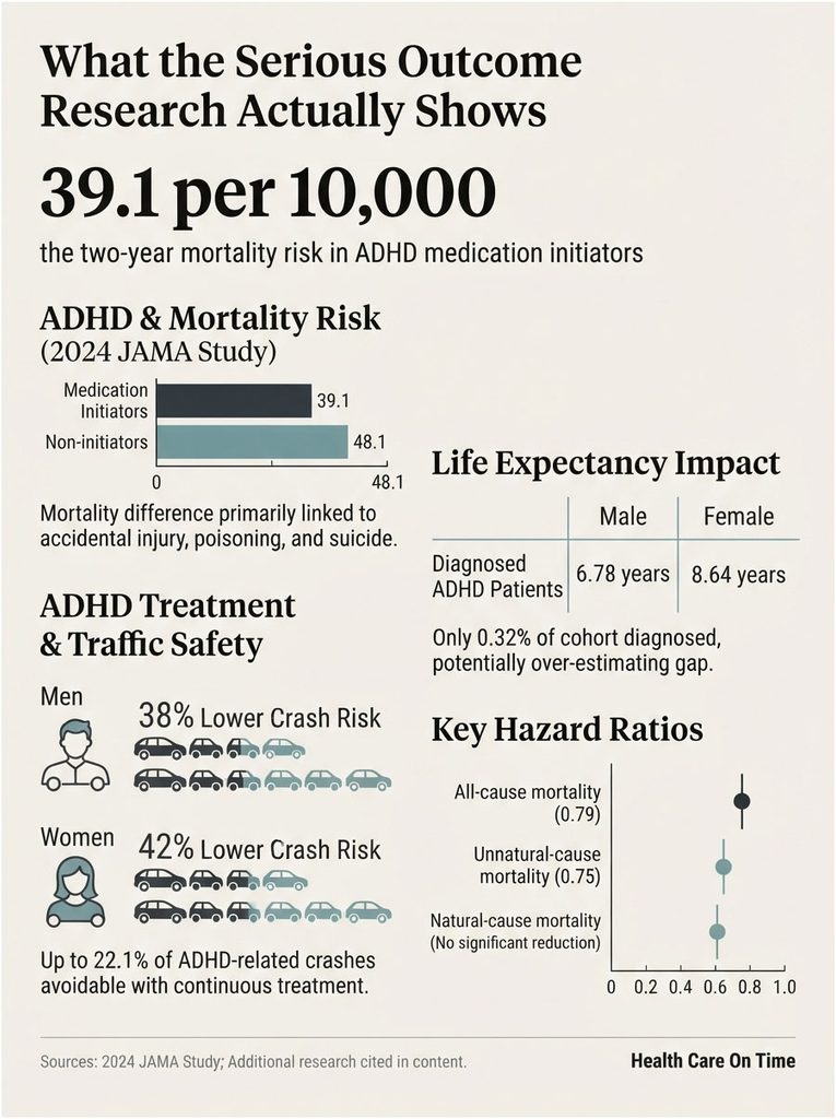 Infographic showing ADHD medication mortality risk, crash statistics, and life expectancy impact from a 2024 JAMA study.
