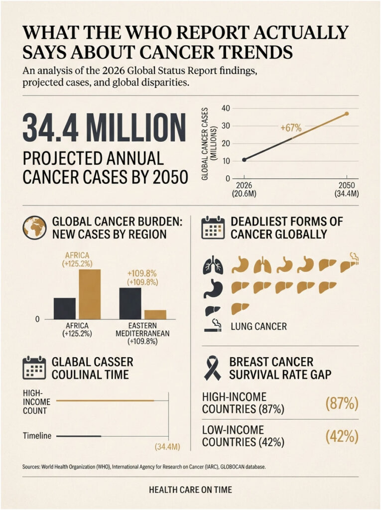 Infographic showing projected cancer cases by 2050, regional statistics, and survival rates for breast cancer.
